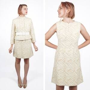 Vintage 60s Zig Zag Chevron Shift Dress w Cropped Jacket Set | Joseph Magnin | M